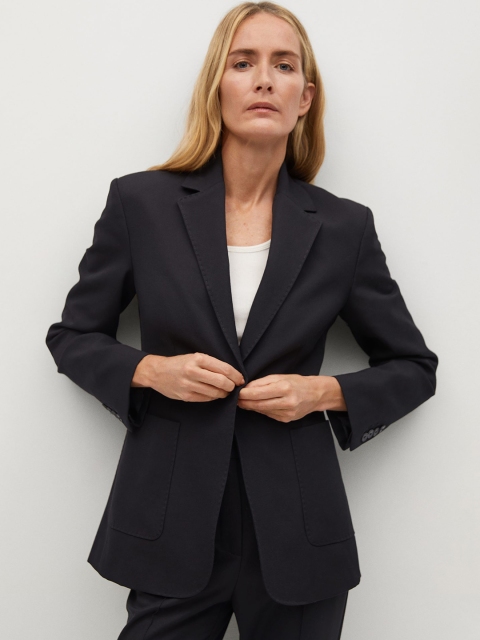 

MANGO Women Black Solid Regular Fit Single Breasted Blazer