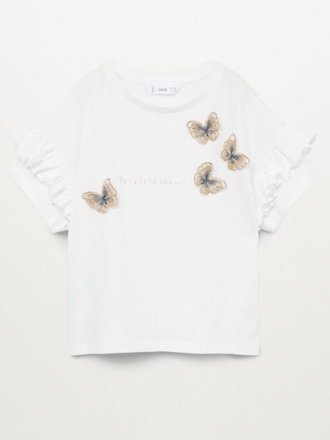 

Mango Kids Girls White Organic Cotton Applique Detail Extended Sleeves Top