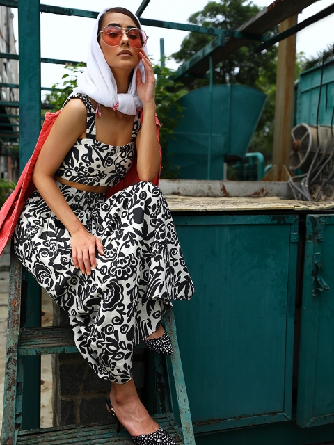

MANGO Black & White Pure Cotton Tropical Print Maxi A-line Skirt