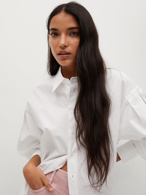 

MANGO Women White Regular Fit Solid Longline Knitted Casual Shirt