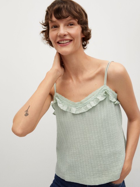 

MANGO Women Green Self Design Regular Top