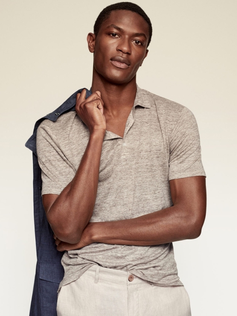 

MANGO MAN Men Beige Solid Polo Collar Slim Fit Linen Sustainable T-shirt