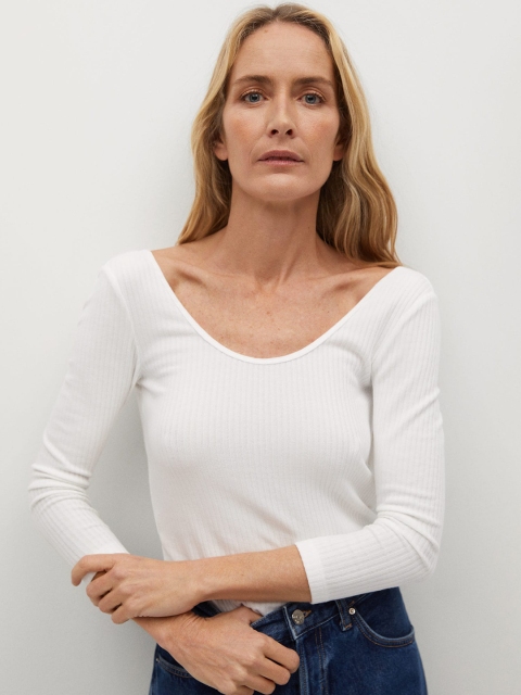 

MANGO Women White Striped Scoop Neck T-shirt