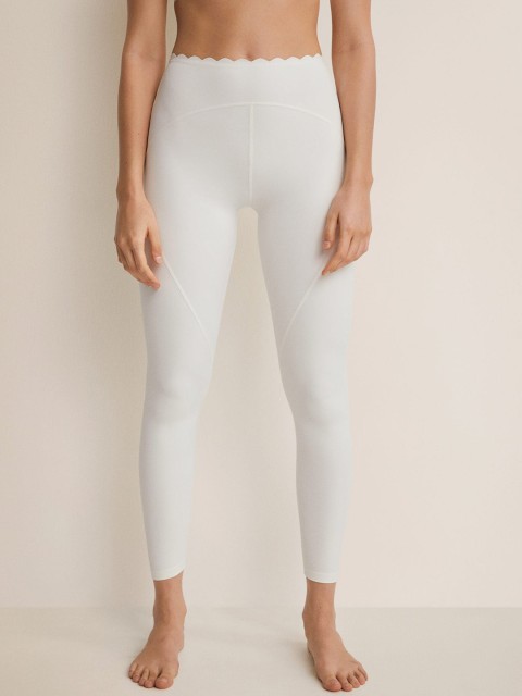 

MANGO Women White Solid Scalloped Yoga Tights