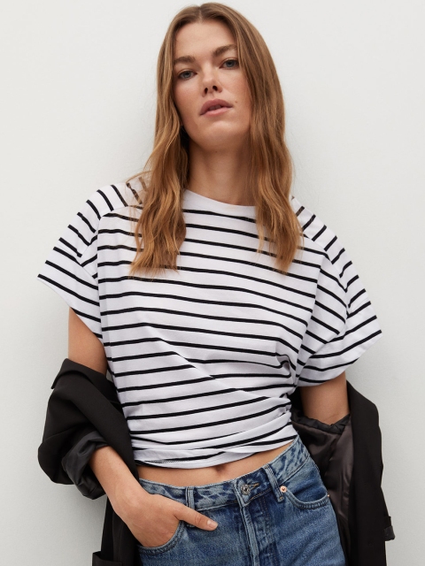 

MANGO Women White Black Sustainable Organic Cotton Striped Monochrome Organic Cotton T-shirt