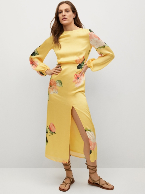 

MANGO Women Mustard Yellow Satin Finish Floral Maxi Dress