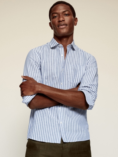 

MANGO MAN Blue & White Sustainable Linen Cotton Regular Fit Striped Casual Shirt