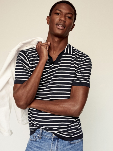 

MANGO MAN Black & White Striped Polo Collar Monochrome Striped T-shirt
