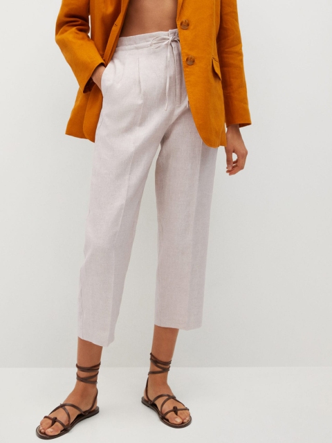 

MANGO Women Off White Solid Pure Linen Sustainable Pleated Regular Trousers