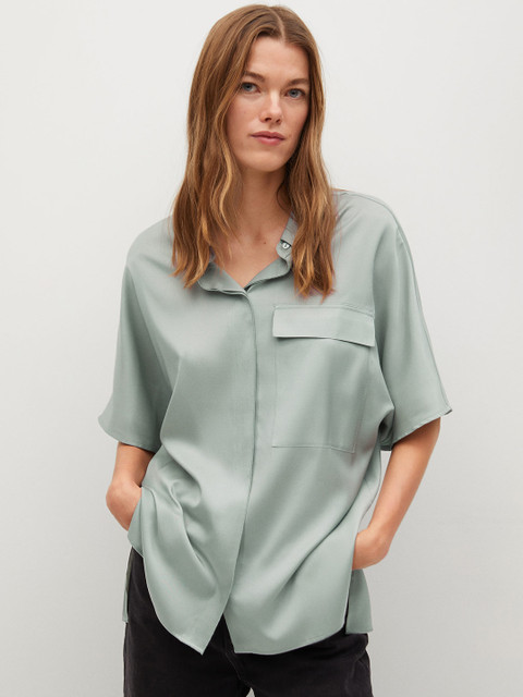 

MANGO Women Green Satin Finish Regular Fit Solid Casual Shirt