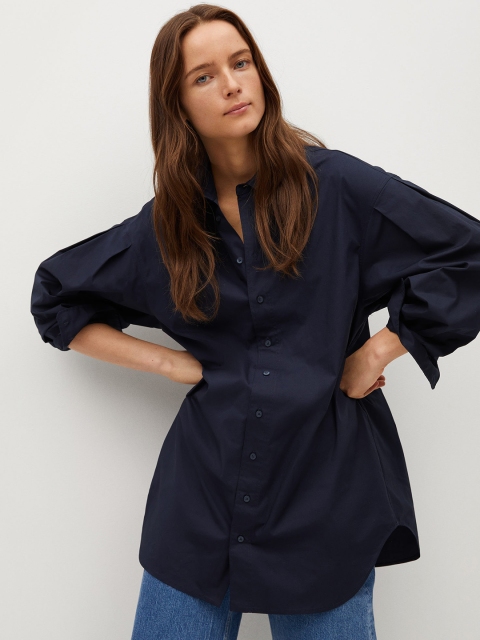 

MANGO Women Navy Blue Regular Fit Longline Solid Casual Shirt