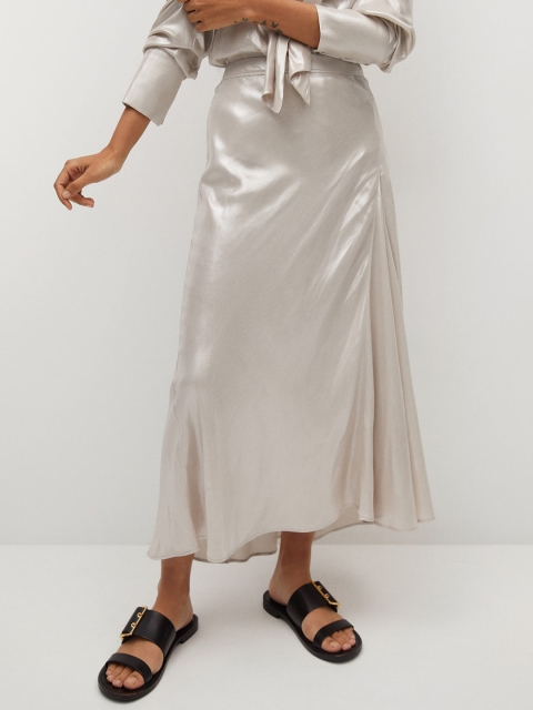 

MANGO Women Silver Toned Solid Satin Finish Asymmetric Pleated Maxi A-line Skirt