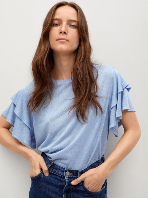 

MANGO Blue Solid Flutter Sleeve Sustainable Top With Ruffles Detail