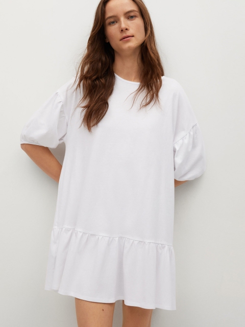 

MANGO Women White Solid Pure Cotton A-Line Dress