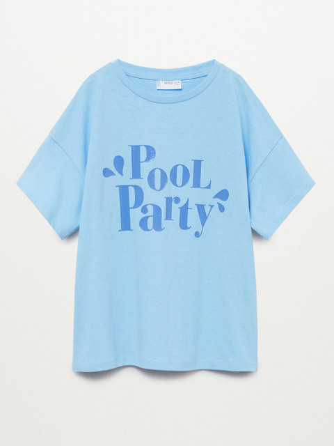 

Mango Kids Girls Blue Pure Cotton Printed Drop-Shoulder Sleeves Sustainable T-shirt