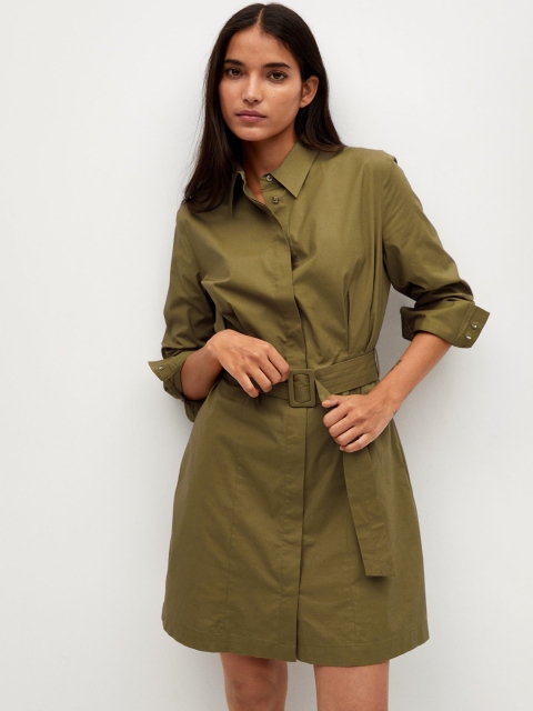 

MANGO Women Olive Green Solid Shirt Dress