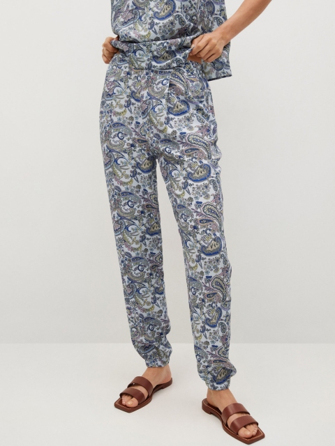 

MANGO Women White & Blue Ethnic Motifs Printed Sustainable Pleated Regular Trousers