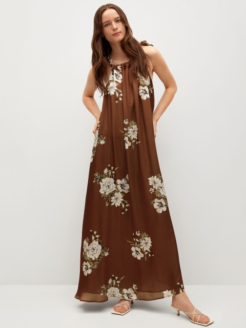 

MANGO Women Brown & White Floral Print Maxi Dress