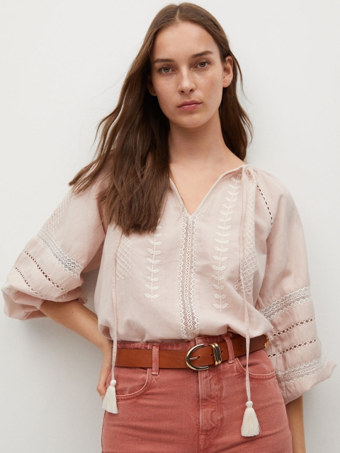 

MANGO Women Pink Embroidered Tie-Up Neck Regular Top