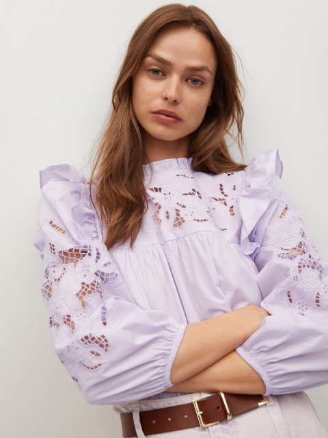 

MANGO Lavender Pure Cotton Solid Mandarin Collar Puff Sleeve Sustainable Top
