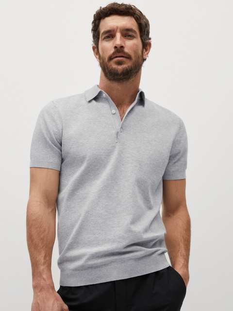 

MANGO MAN Men Grey Solid Polo Collar T-shirt