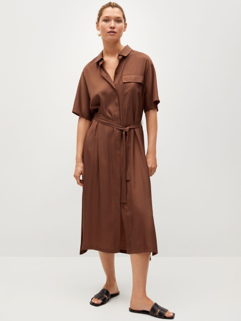 

MANGO Women Brown Solid Satin Finish Shirt Midi Dress