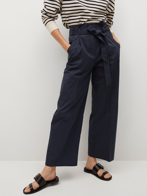 

MANGO Women Navy Blue Solid Sustainable Pleated Parallel Trousers