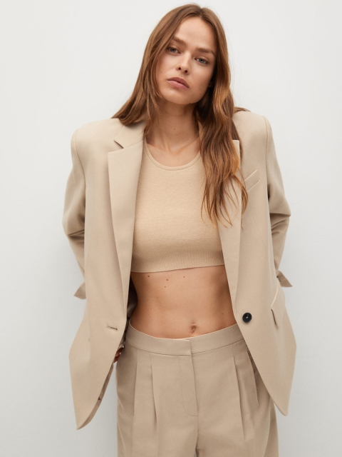

MANGO Women Beige Solid Regular Fit Single Breasted Sustainable Blazer