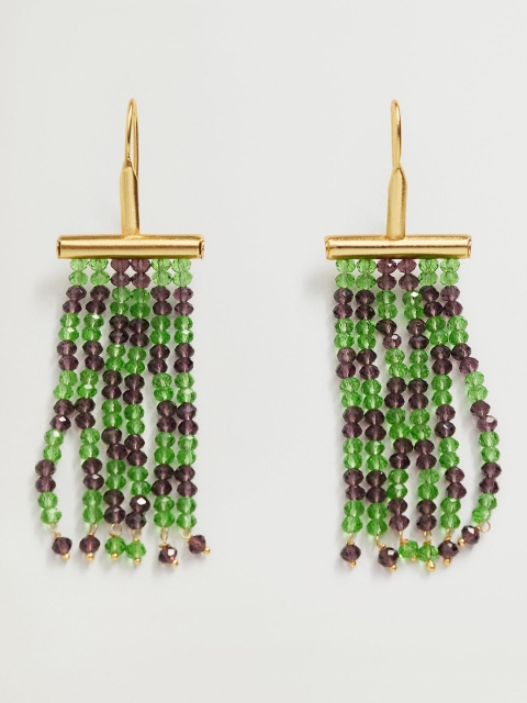 

MANGO Green & Coffee Brown Beaded Tasselled Contemporary Drop Earrings