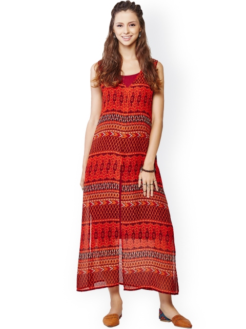 

Global Desi Women Red and Orange Printed Maxi Dress