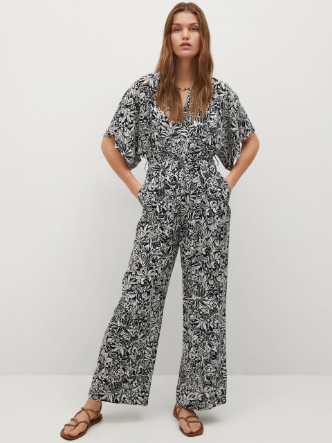

MANGO Black & White Tropical Printed Basic Jumpsuit