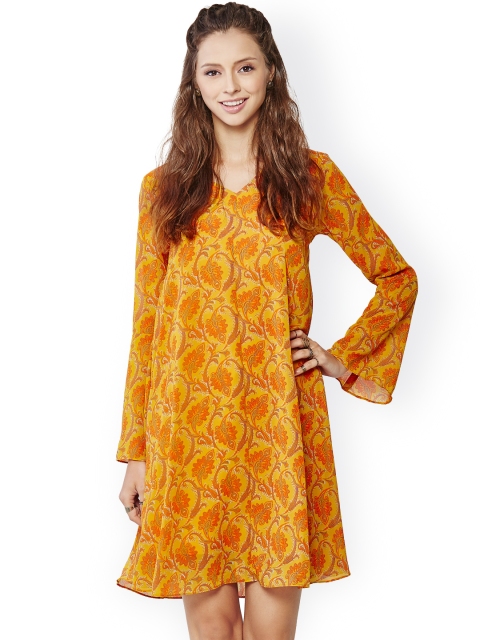 

Global Desi Women Yellow & Orange Floral Printed A-Line Dress