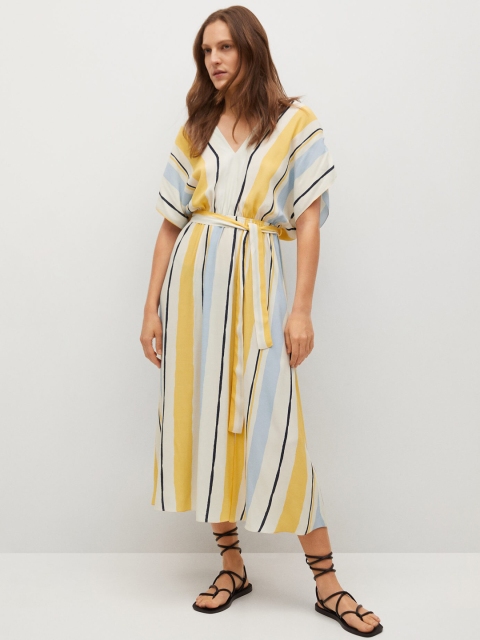 

MANGO Women Yellow & Black Striped A-Line Midi Dress