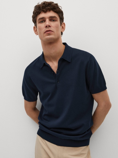 

MANGO MAN Navy Blue Solid Polo Collar T-shirt