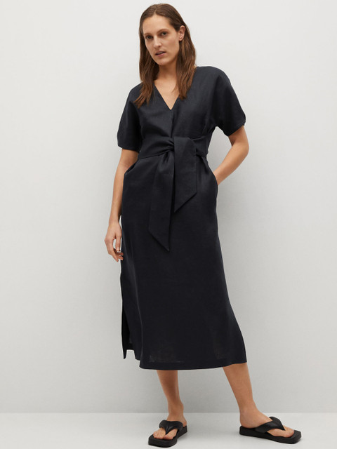 

MANGO Women Black Linen A-Line Midi Dress