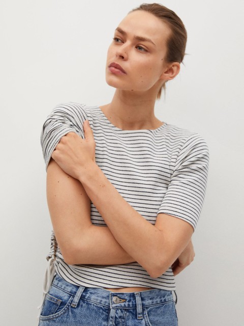 

MANGO Women White & Black Striped Monochrome T-shirt