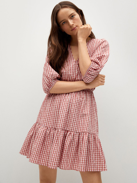 

MANGO Women Red & White Checked A-Line Wrap Dress
