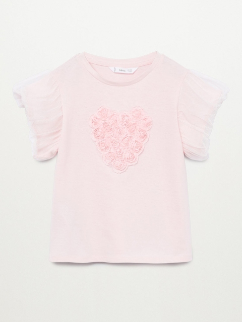 

Mango Kids Girls Pink Organic Cotton Applique Detail Puff Sleeves Top