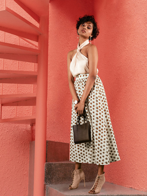 

MANGO Women White & Brown Pure Cotton Polka Dots Print A-line Skirt