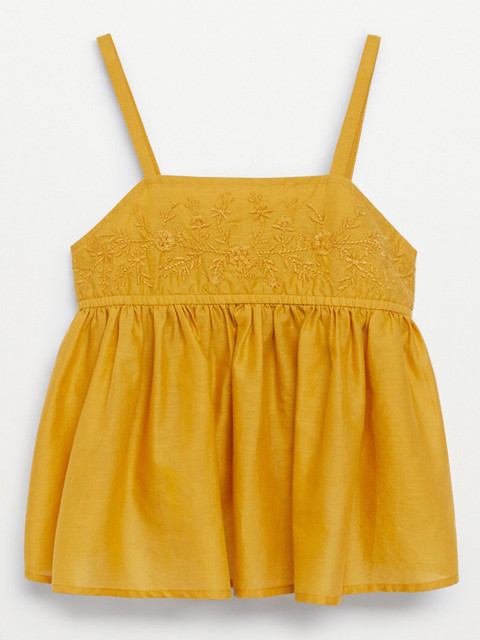 

Mango Kids Mustard Yellow Floral Embroidered Sustainable Pure Cotton Empire Top