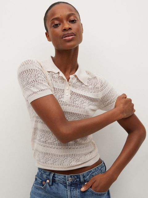 

MANGO Women Cream-Coloured Open Knit Polo Collar T-shirt