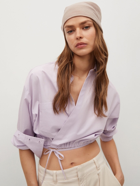 

MANGO Women Lavender Solid Pure Cotton Wrap Crop Top