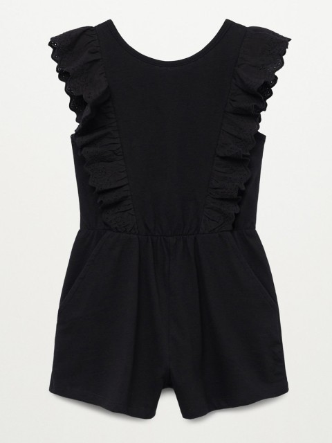 

Mango Kids Girls Solid Pure Cotton Sustainable Playsuit with Ruffles, Black