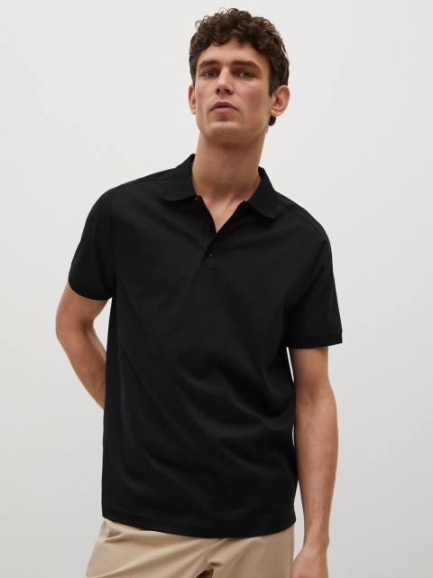 

MANGO MAN Men Black Pure Cotton Relaxed Fit Polo Collar Pure Cotton T-shirt