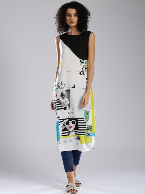 

W White Quirky Print Colourblocked Polyester Kurta