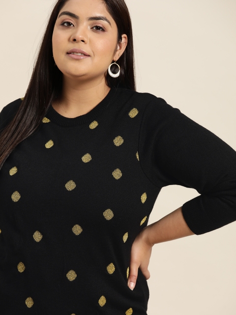 

Sztori Women Plus Size Black & Golden Lurex Polka Dots Design Pullover