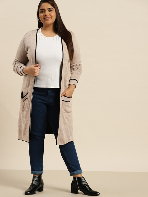 

Sztori Women Plus Size Beige Longline Front-Open Sweater