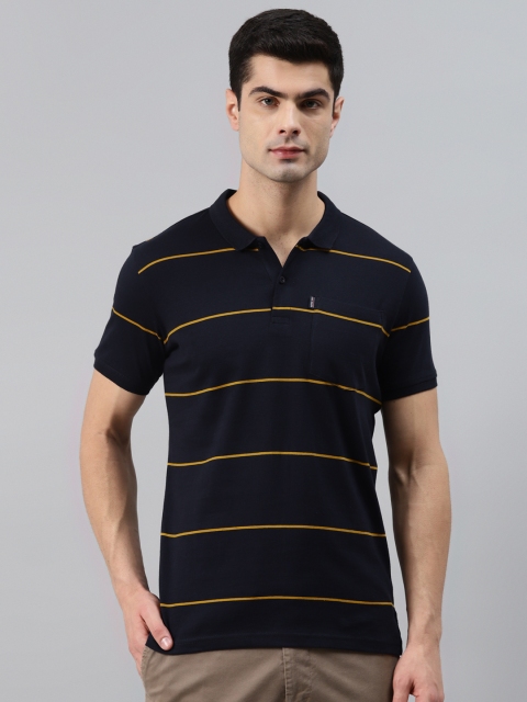 

Louis Philippe Sport Men Navy Blue & Mustard Yellow Pure Cotton Striped Polo T-shirt