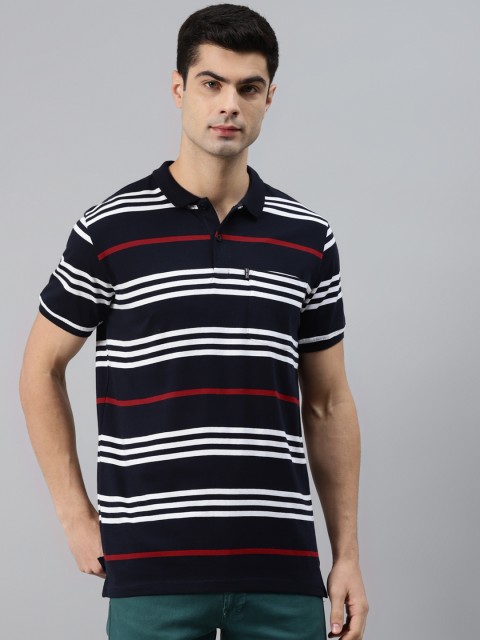 

Louis Philippe Sport Men Navy Blue & White Striped Pure Cotton Slim Fit T-shirt