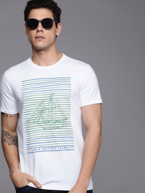 

Louis Philippe Jeans Men White & Green Graphic Printed Pure Cotton Casual T-shirt